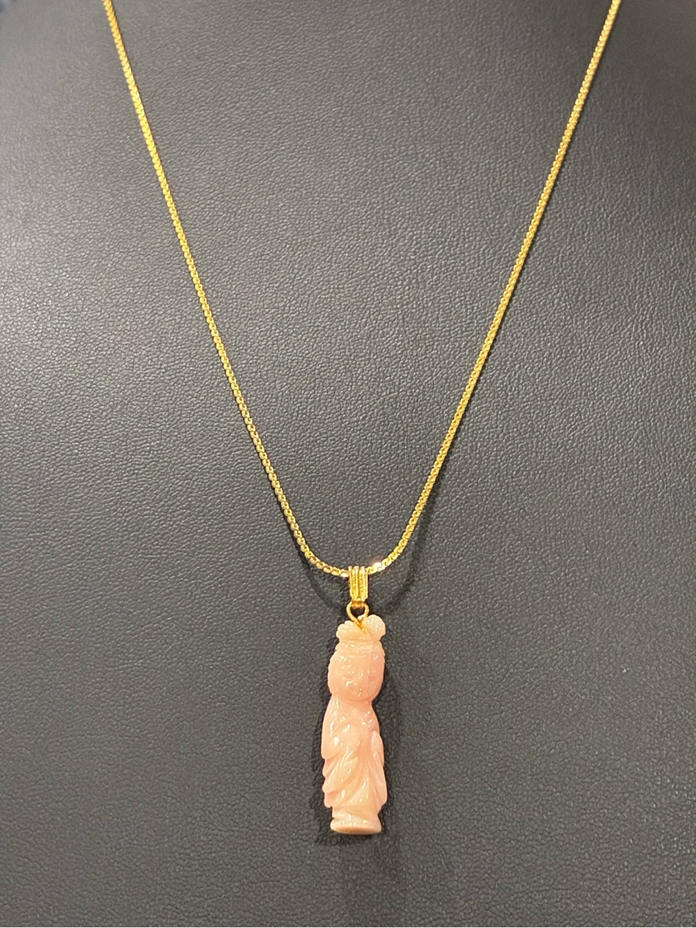 Vintage Hand-Carved Angel Skin Coral Guanyin Pendant Necklace